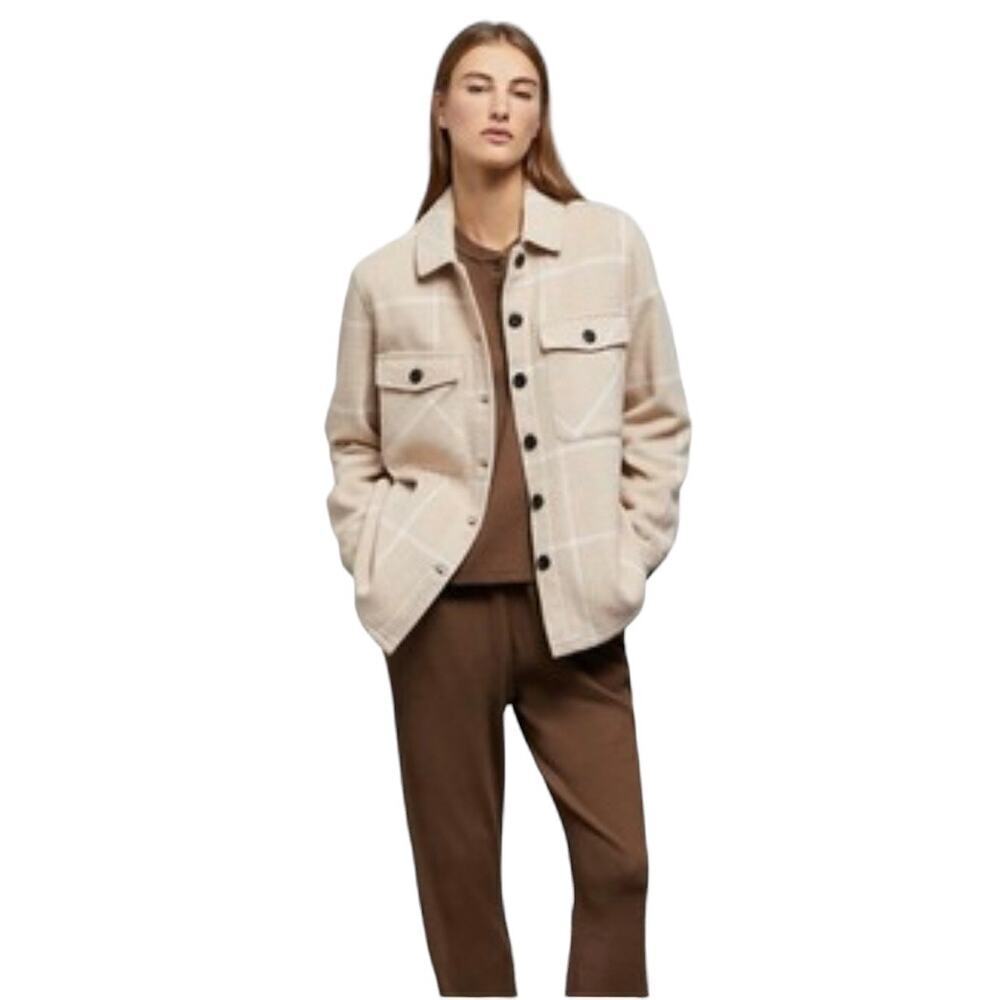 Onia Blanket Shacket Tan Plaid Jacket Fleece Button Front Large